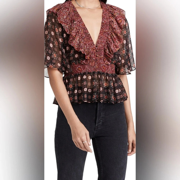 Misa LA Mia Paisley Medallion Print Flutter Sleeve Blouse Black Red Multi  XS - Picture 1 of 11